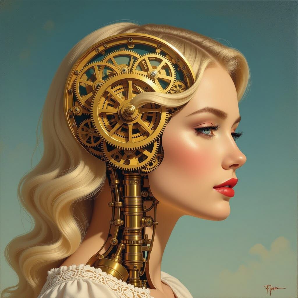 Surrealist Oil Portrait of Woman with Clockwork Mind