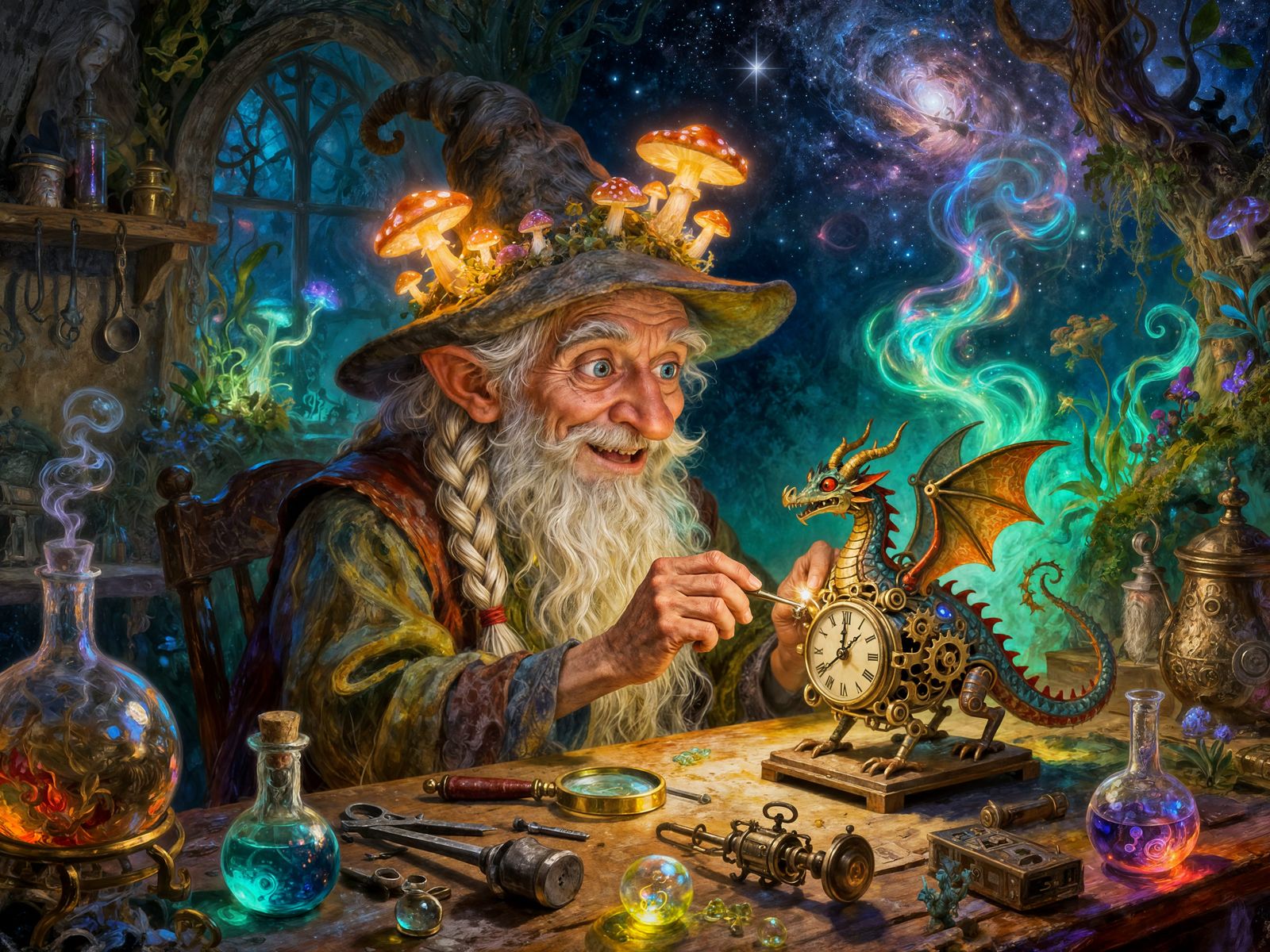 Elderly Gnome Tinkerer with Clockwork Dragon