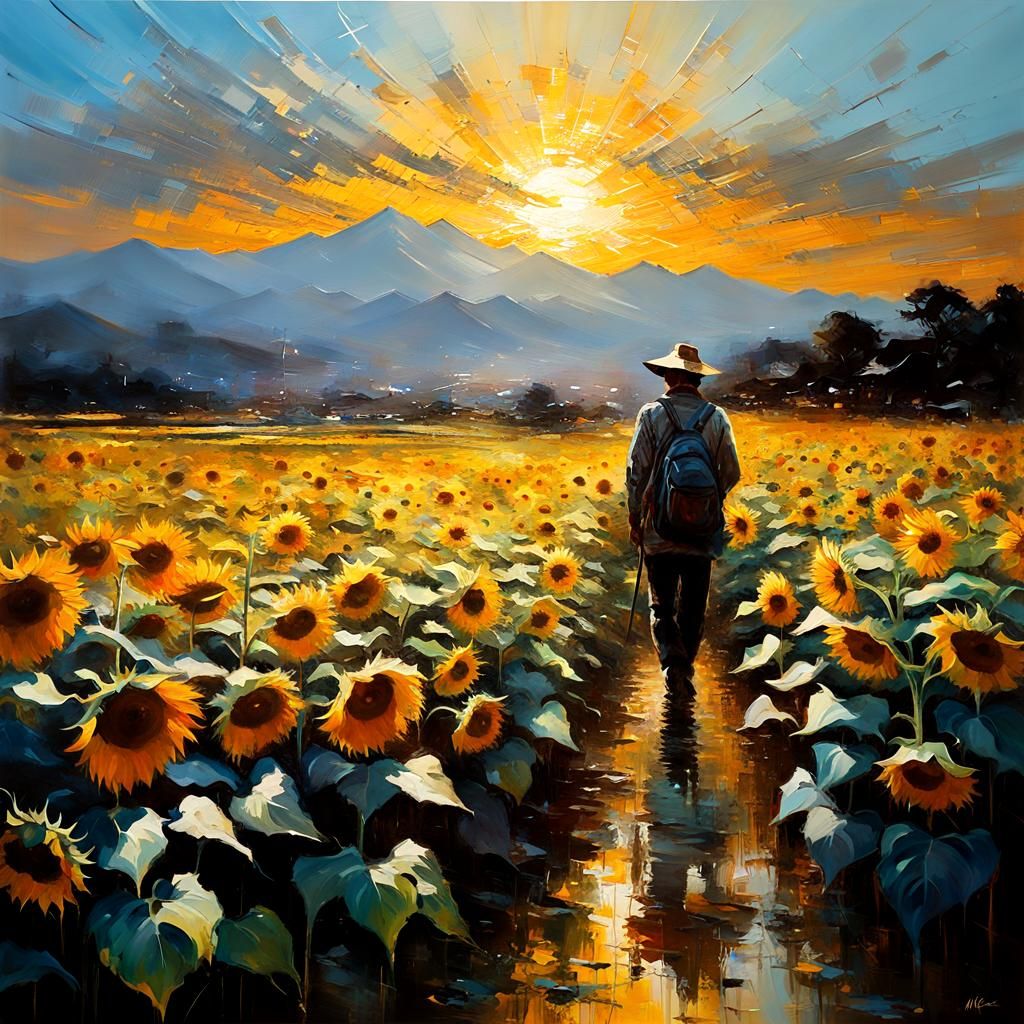 Sunflower Ikebana in Expressionist Impasto Style