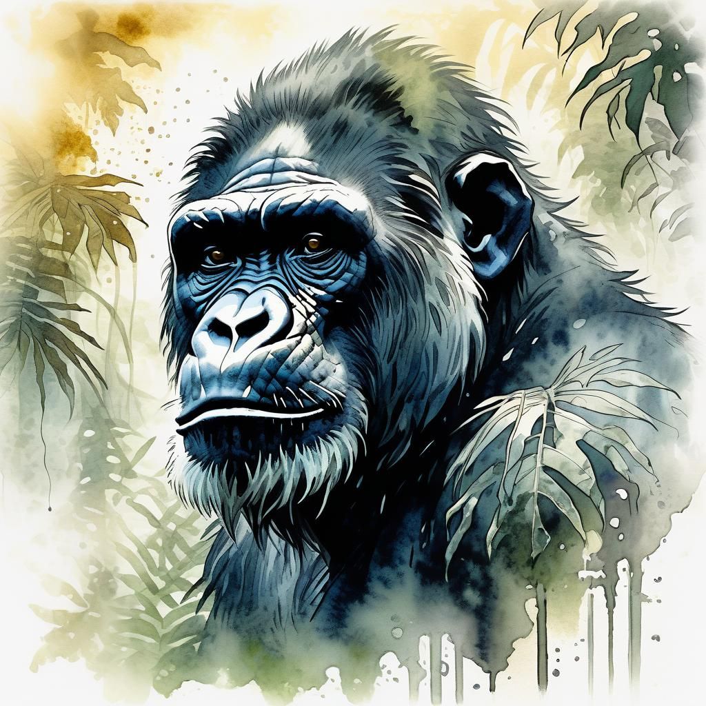 Surreal Gorilla Portrait in Metallic Watercolor Style