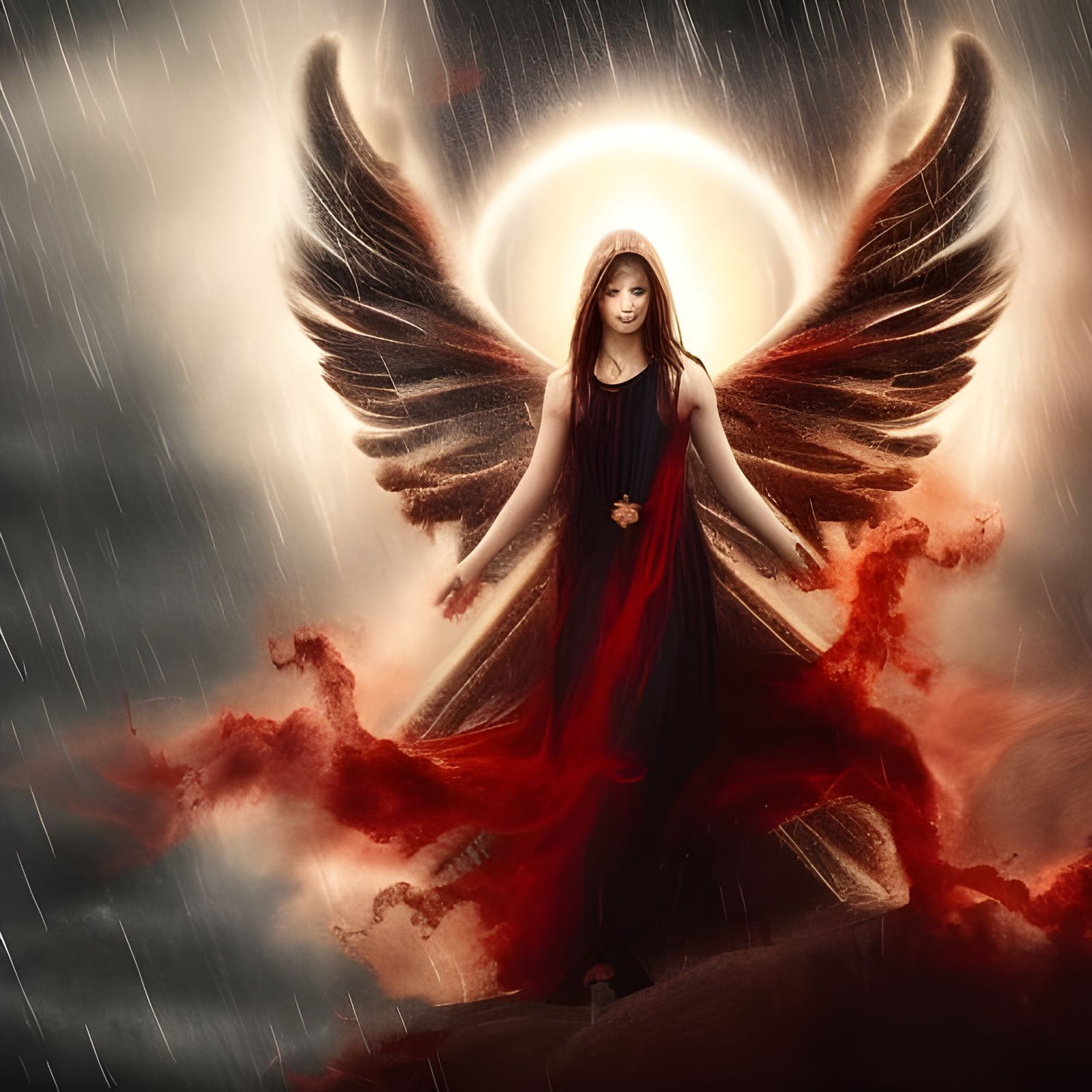 Dark Angel's Fiery Demise in Bloody Rain