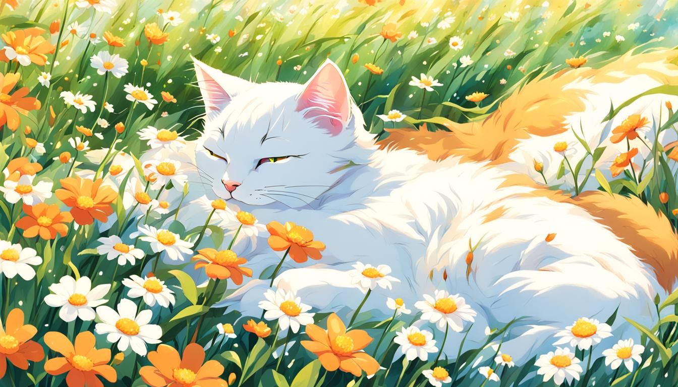 Calico Cat Napping in Wildflower Field: Anime Style