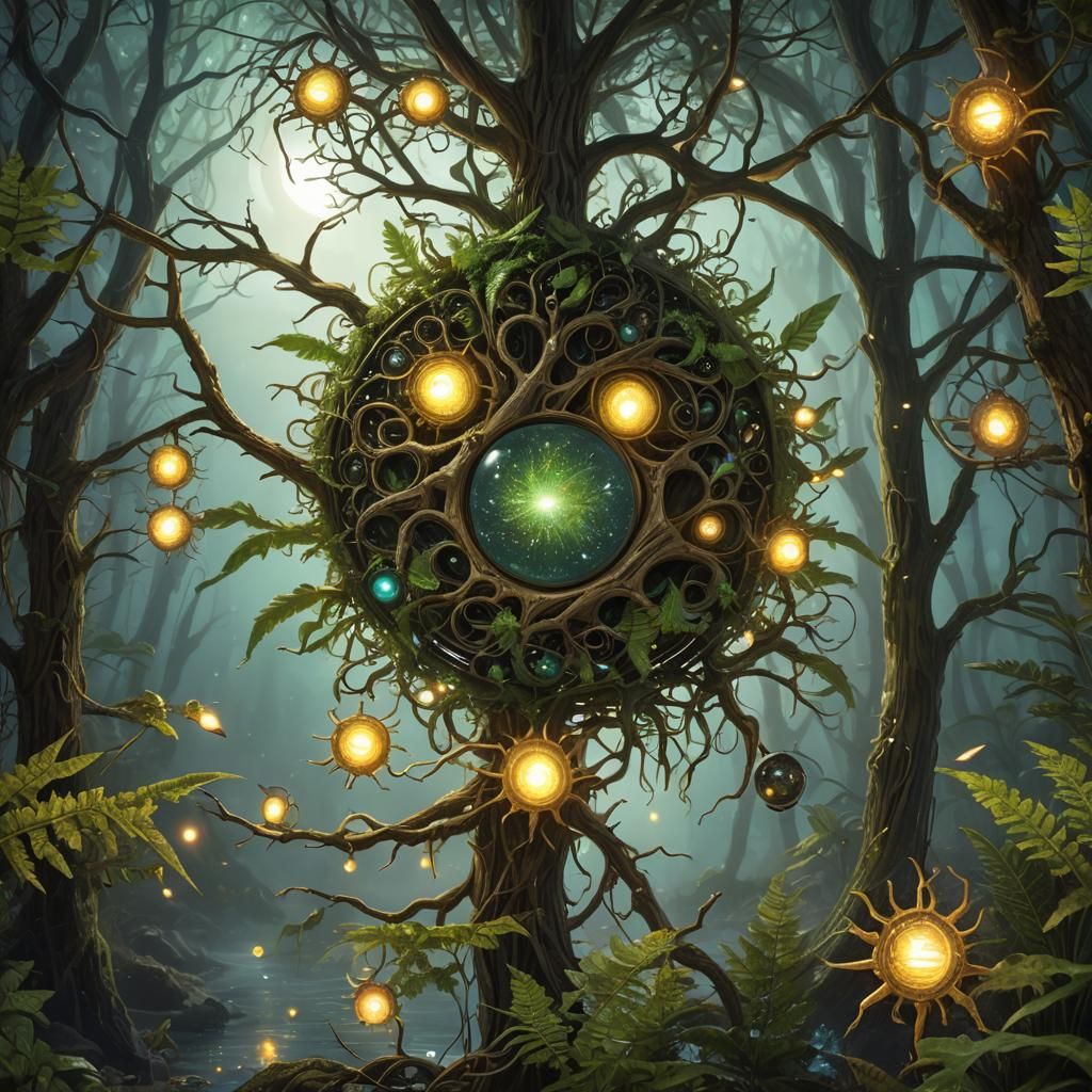 Surreal Nature Mandala with Fireflies and Chakra Lights