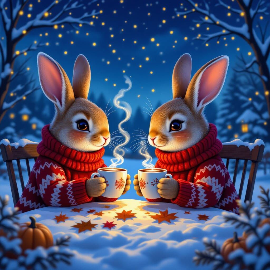 Rabbits' Romantic Date Under Autumn Night Sky