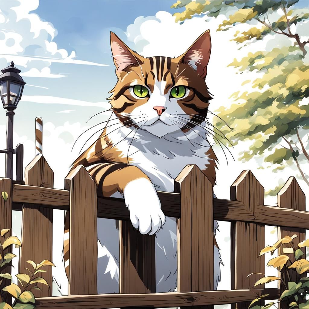 Striped Cat on Fence in Anime Style