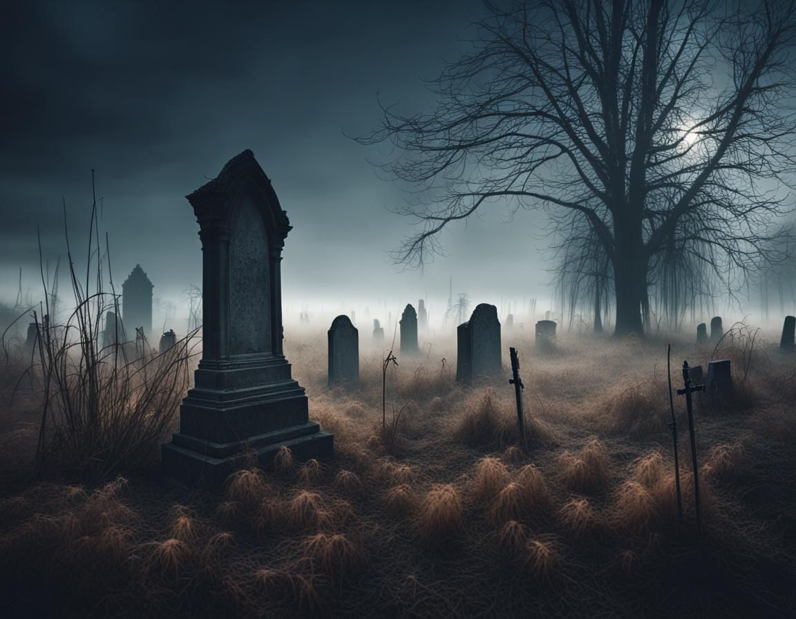 Ominous Abandoned Graveyard at Night in Autumn