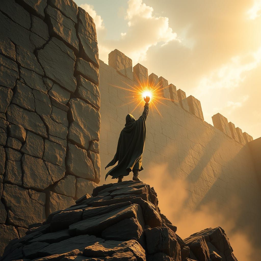 Heroic Figure Shatters Ancient Wall with Radiant Energy
