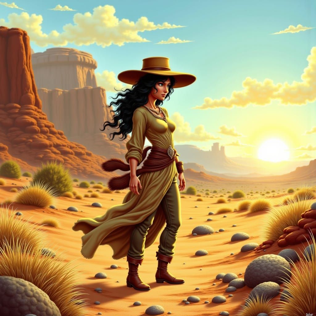 Woman Searches Desert For Fossils In Golden Hour Light