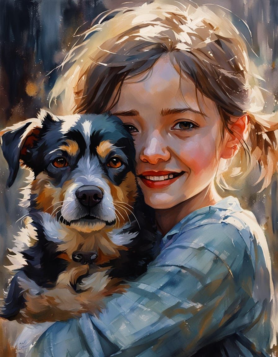 Joyful Girl Hugs Dog in Vibrant Gouache and Watercolour