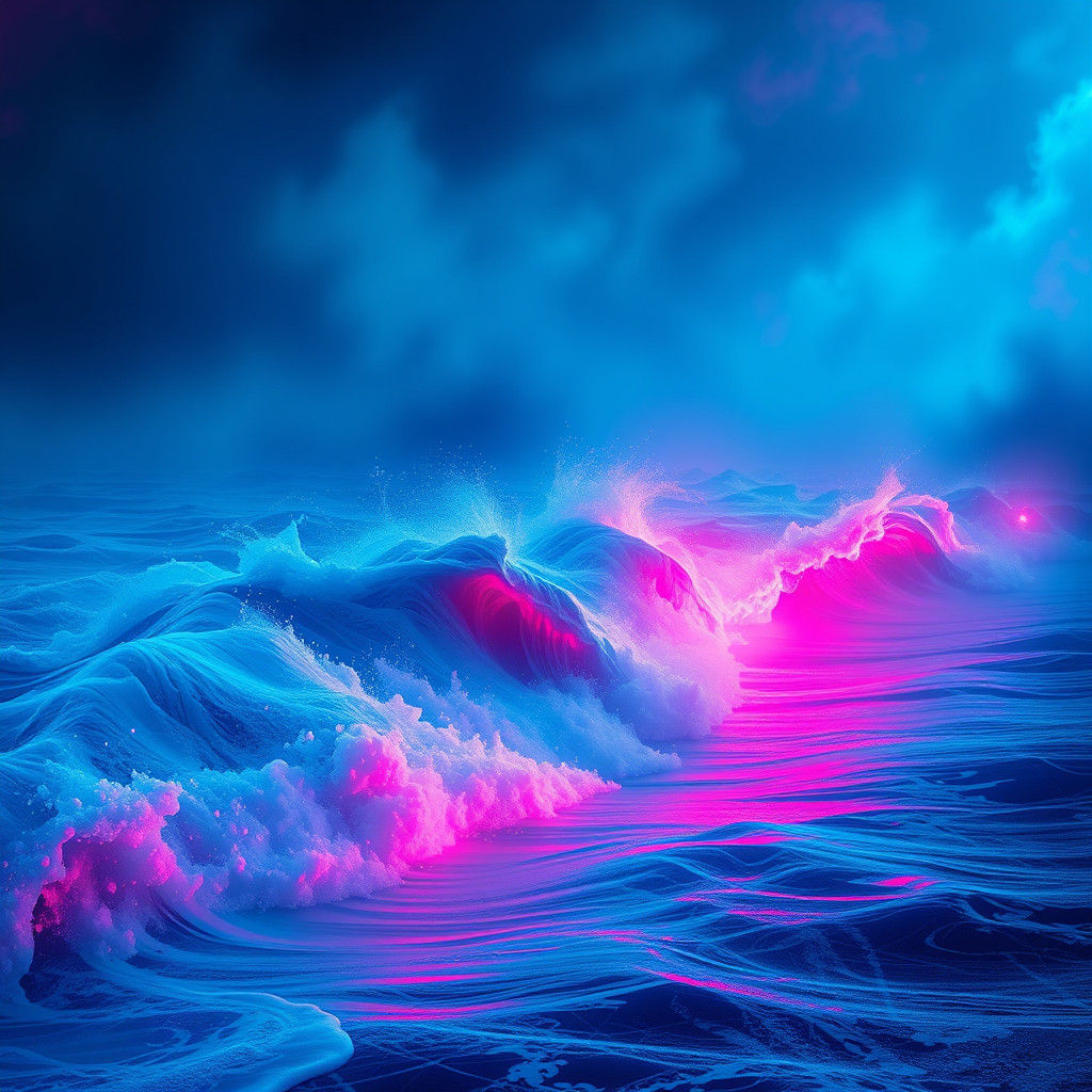 Neon Tide Crashing on Misty Shoreline