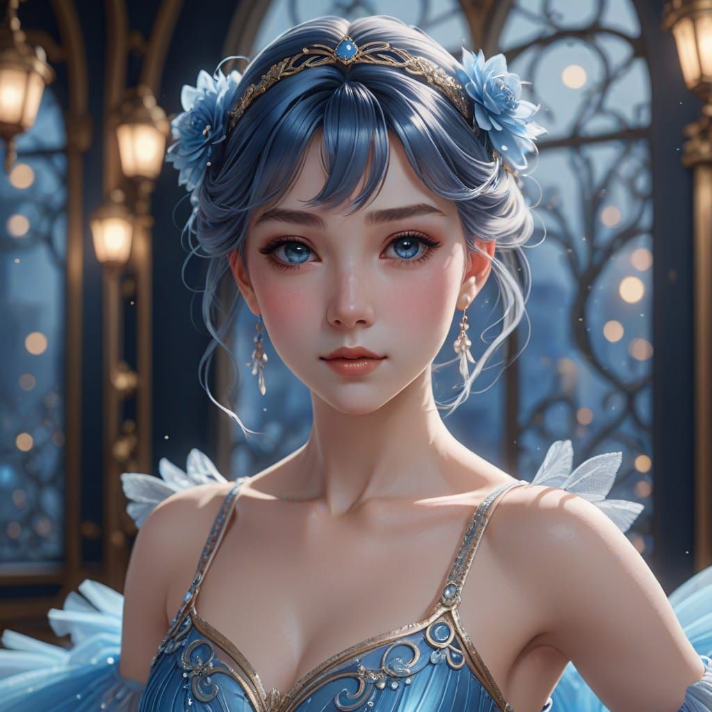 Art Nouveau Blue Ballet Dancer in 3D Anime Style