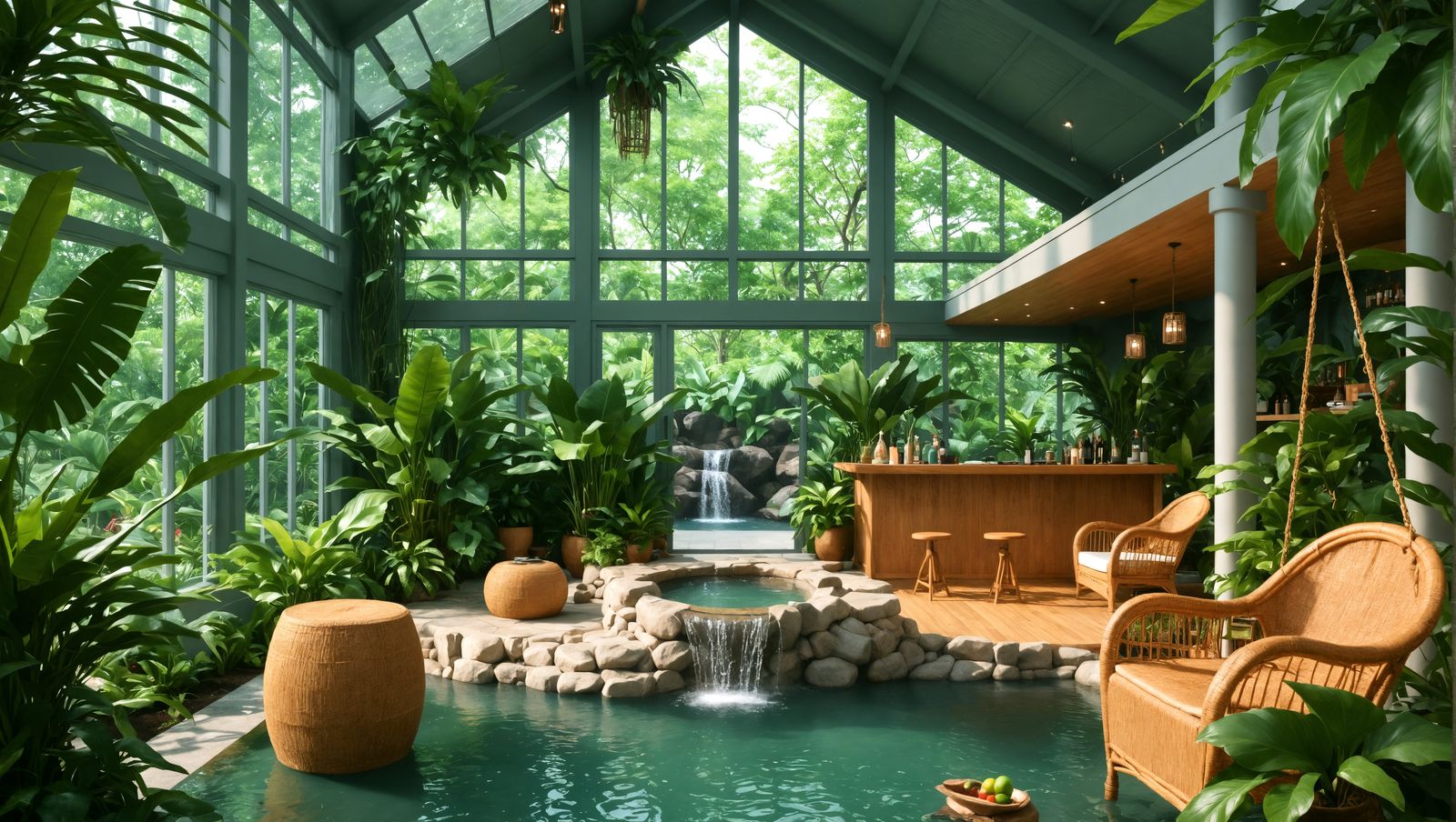 Indoor Oasis with Waterfall and Tiki Bar