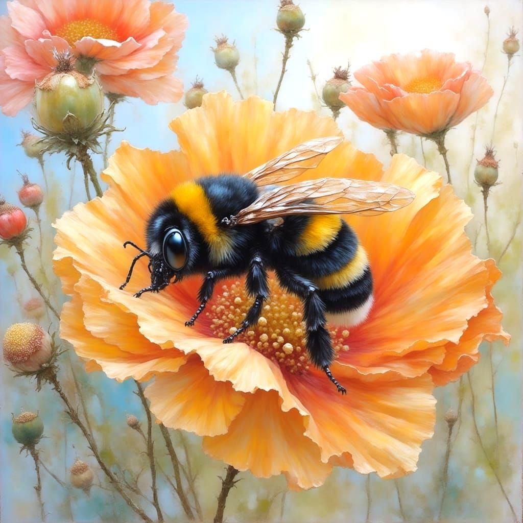 Bumblebee Sleeping in Poppy Flower, Watercolour Style