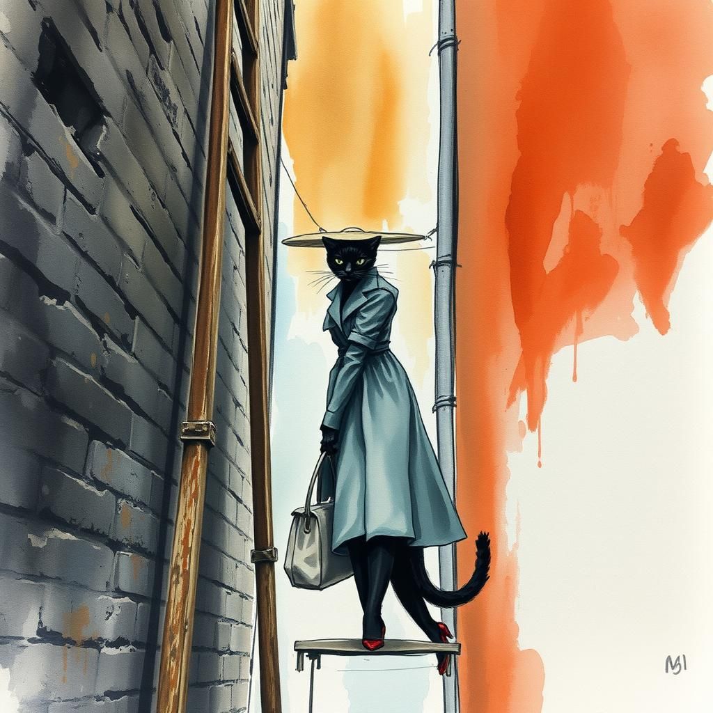 Elegant Urbanite in Grimy Alley, Abstract Watercolor