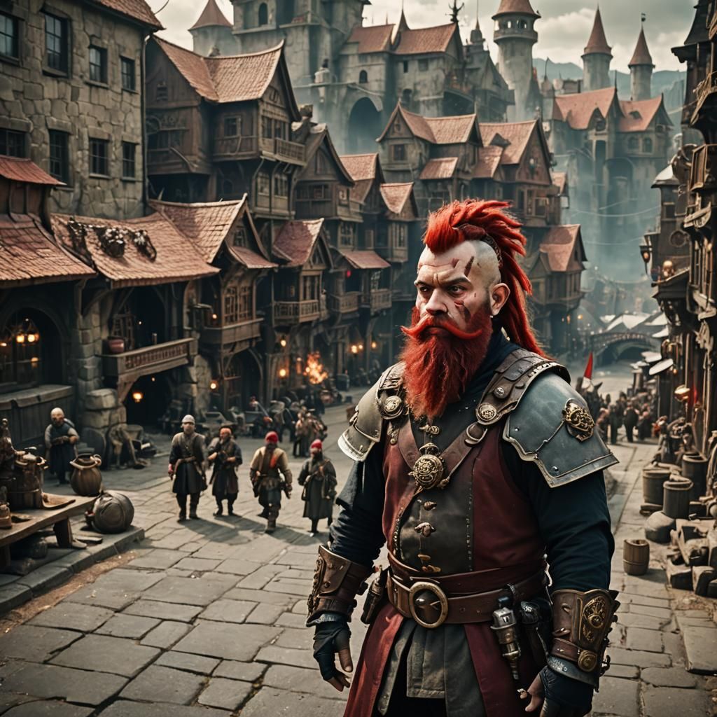 Dwarf Warrior with Red Mohawk in Steampunk City