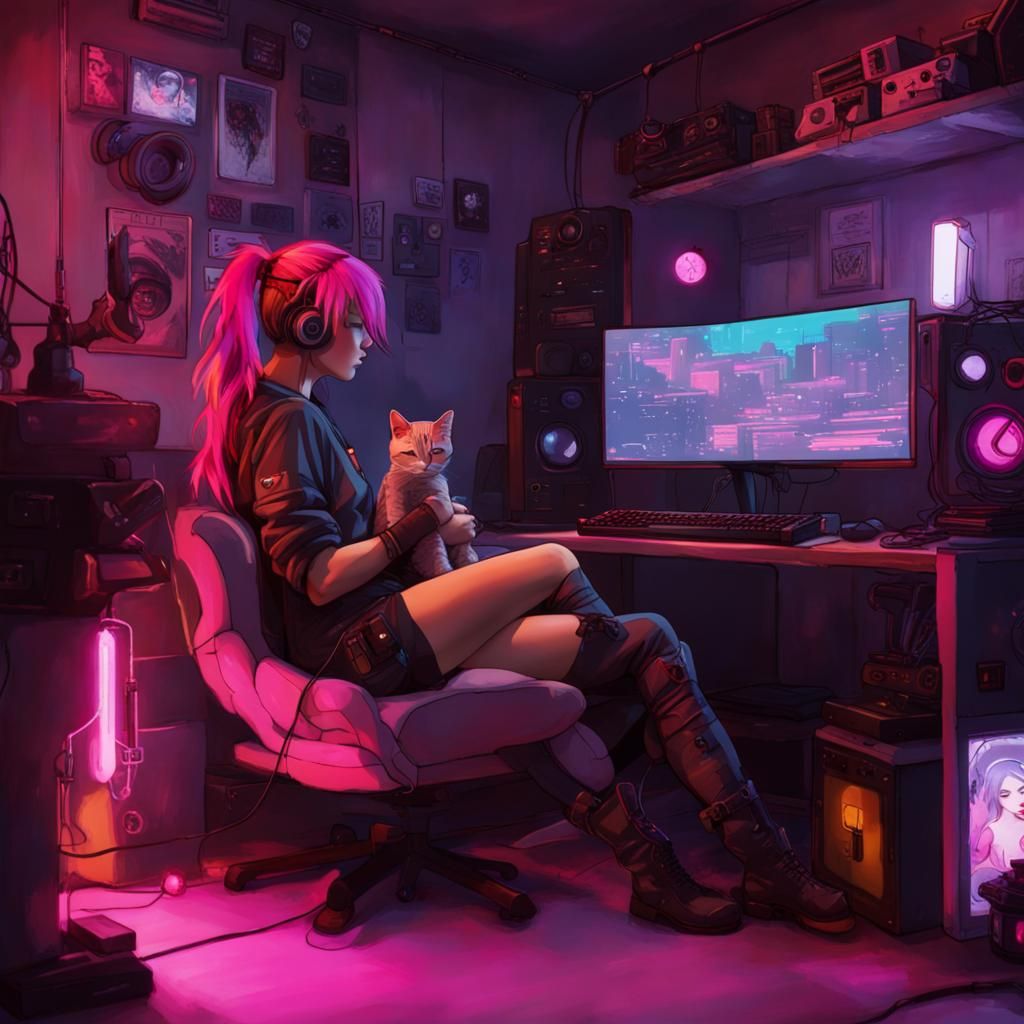 Cyberpunk Gaming Room with Pink-Haired Girl and Cat