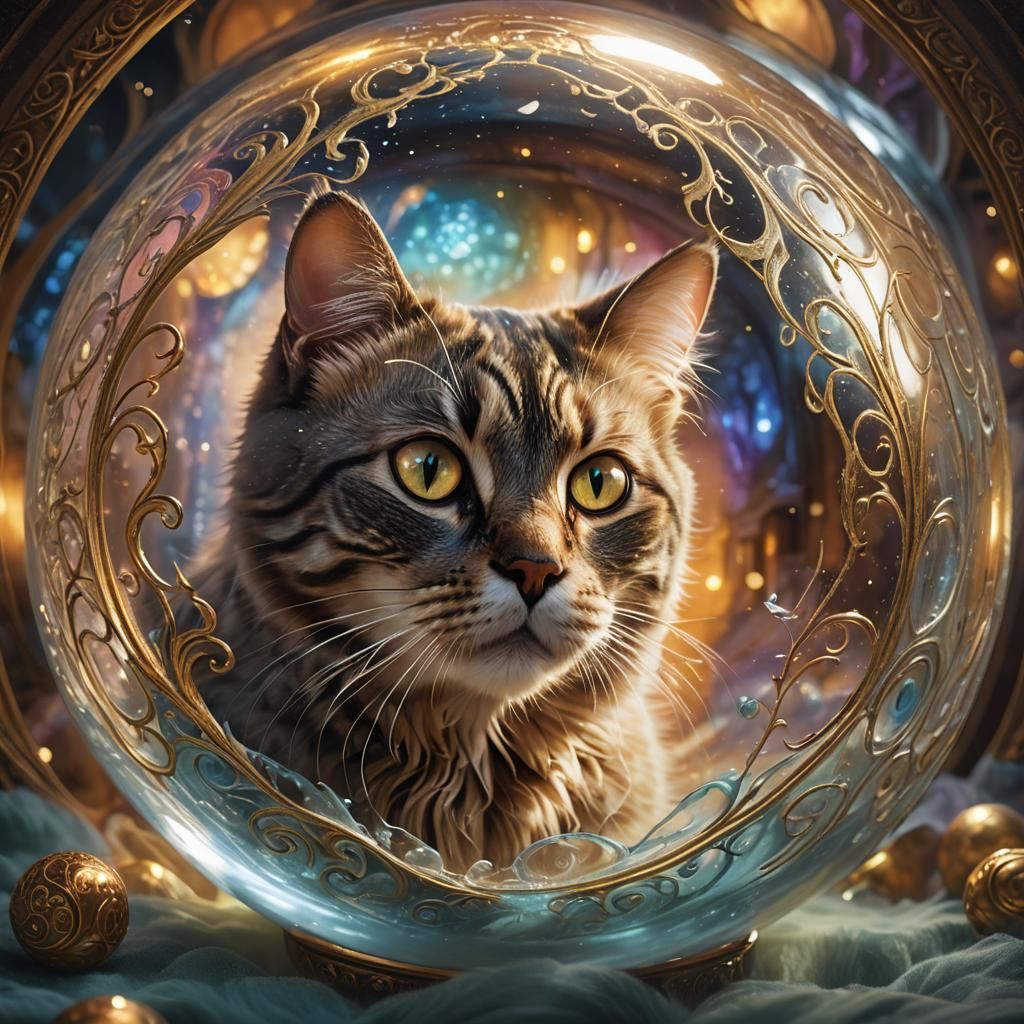 Mystical Cat Gazing Through Glass Orb