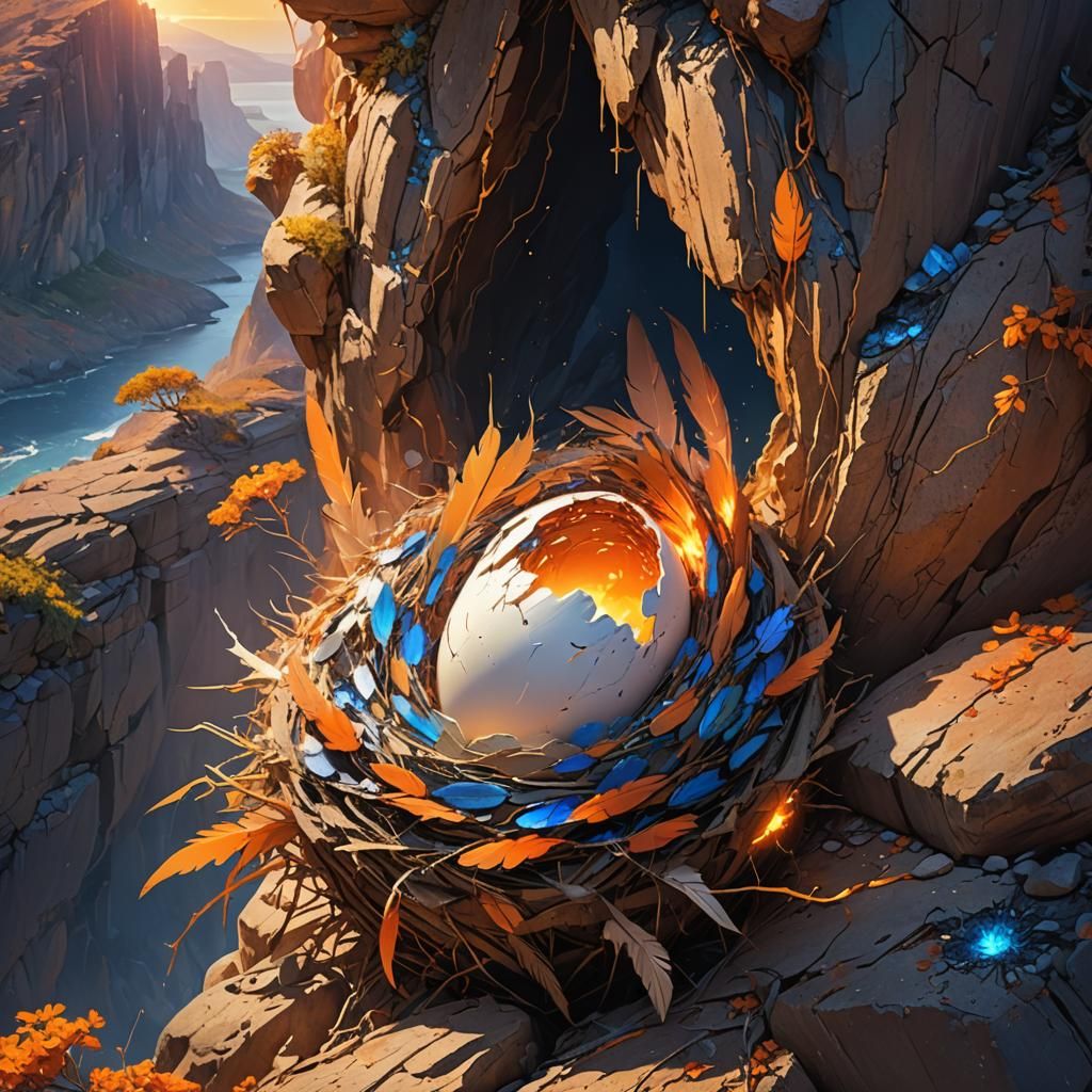 Shattered Phoenix Egg Nest on Cliff in Fantasy Art