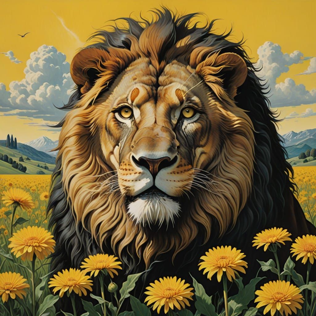 Surrealist Lion's Head in Whimsical Dali-Inspired Landscape