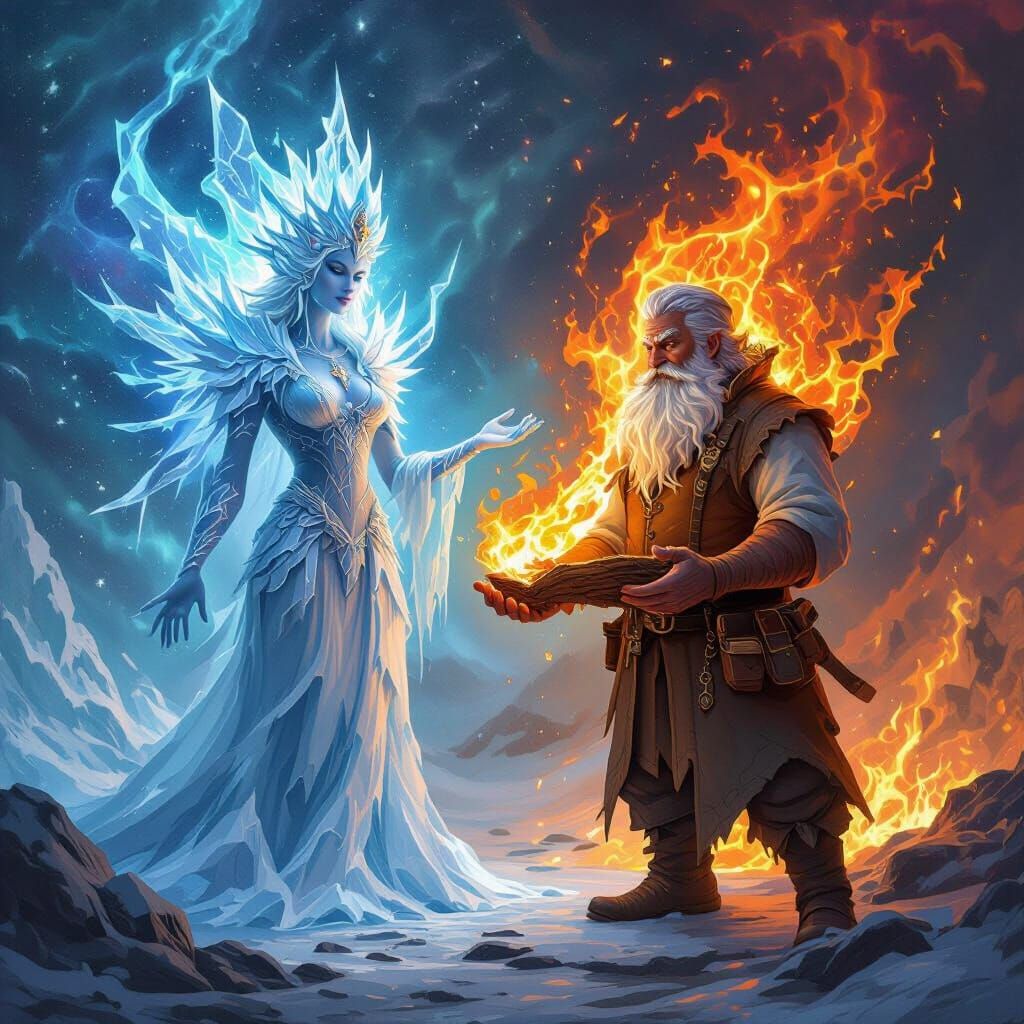 Ethereal Goddess of Ice and Fire in Cosmic Realm