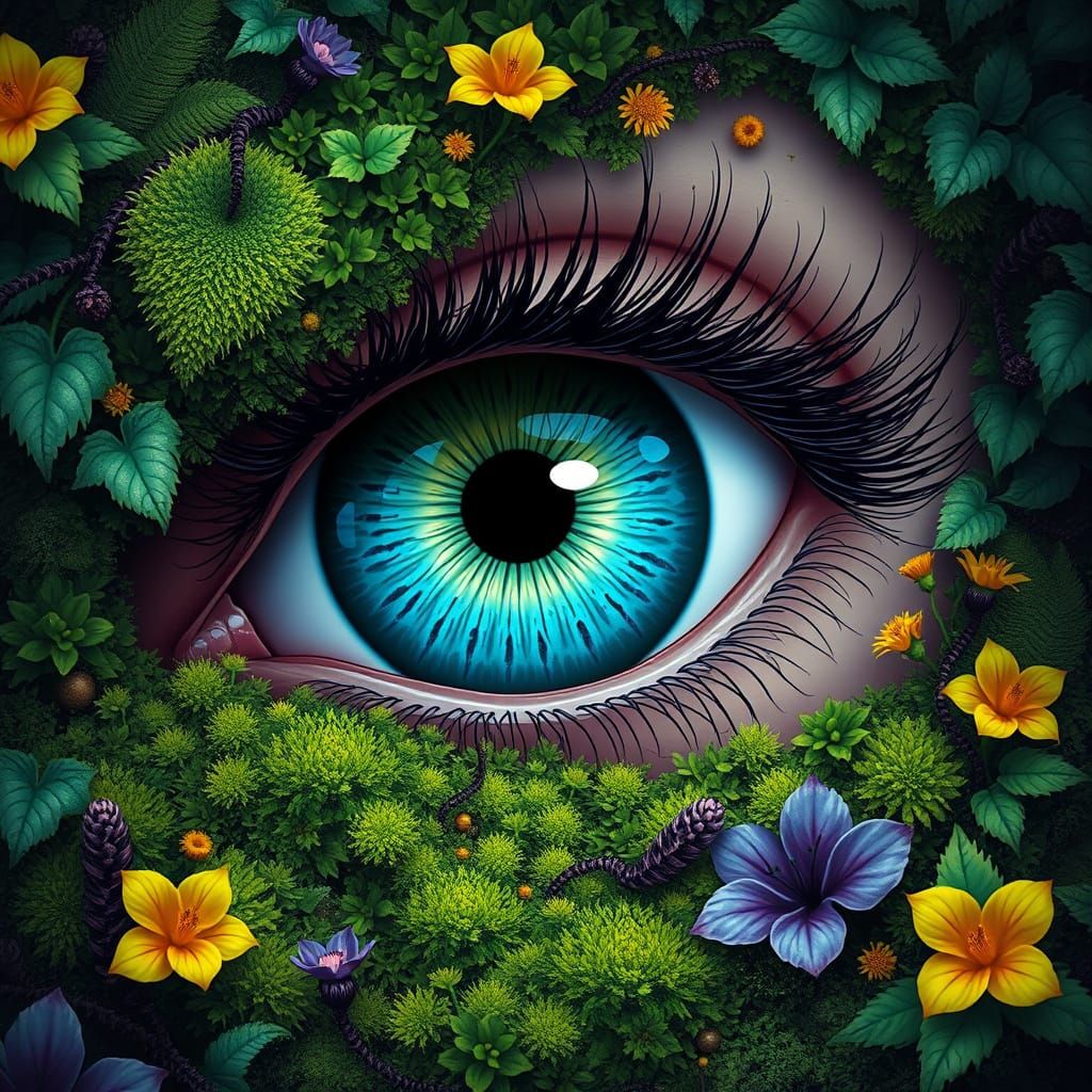 A surreal and captivating close-up of a large human eye, nes...