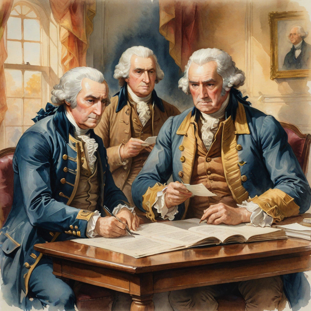 Founding Fathers Study Bill of Rights in Watercolor