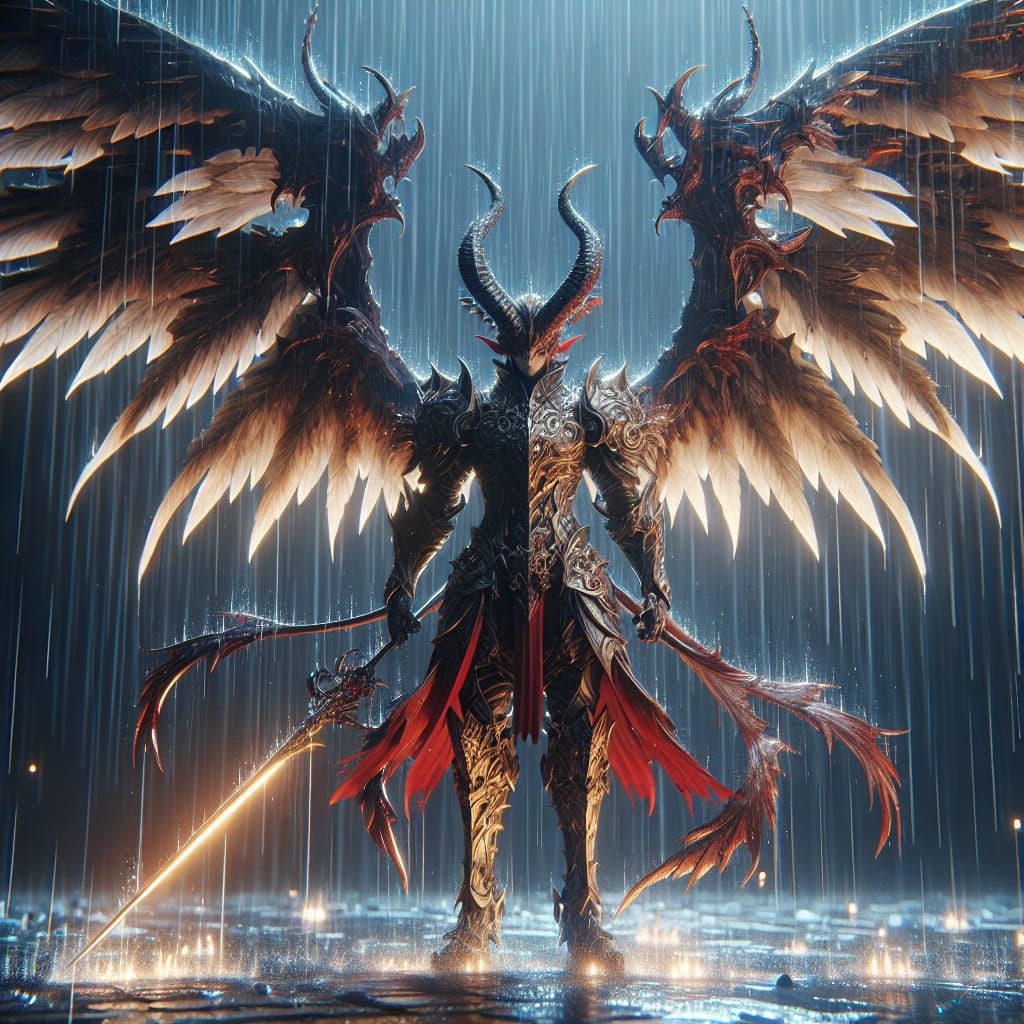 Winged Demon Knight in Rainy Fantasy Scene
