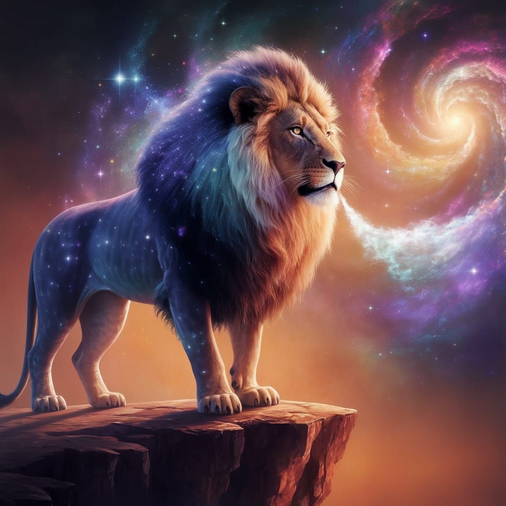Majestic Lion Amidst Celestial Galaxy
