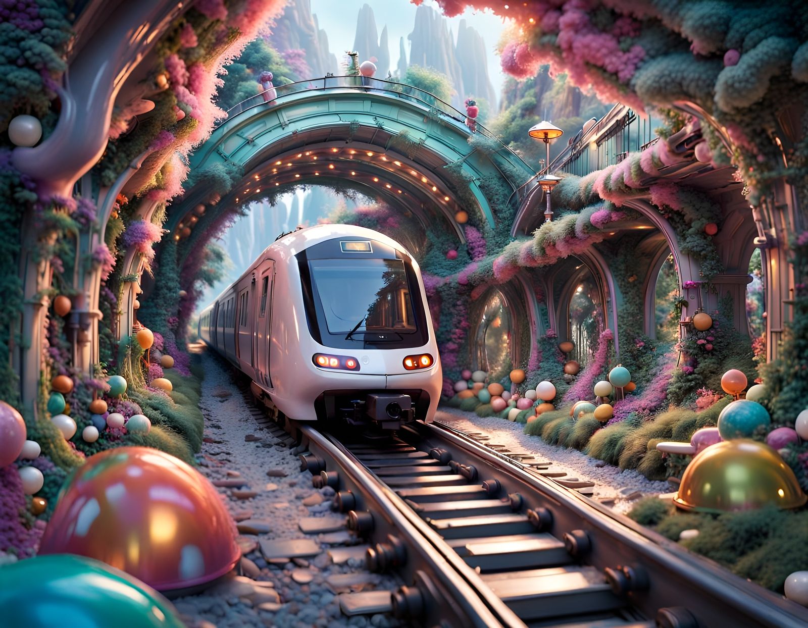 Marble Subway Train in Fairy Village: Digital Art