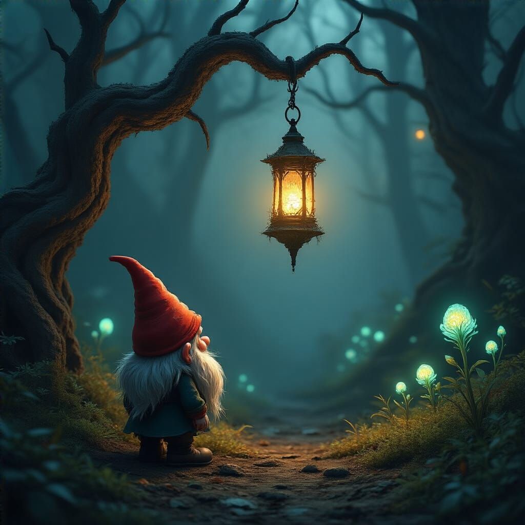 Mysterious Gnome and Bioluminescent Flora in Misty Forest