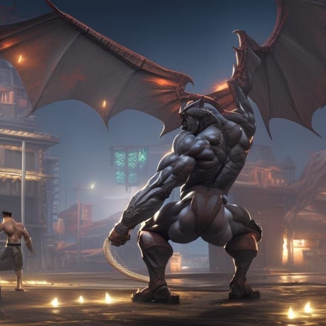 Dragon Bodybuilder at Night Market: Hyperdetailed Art
