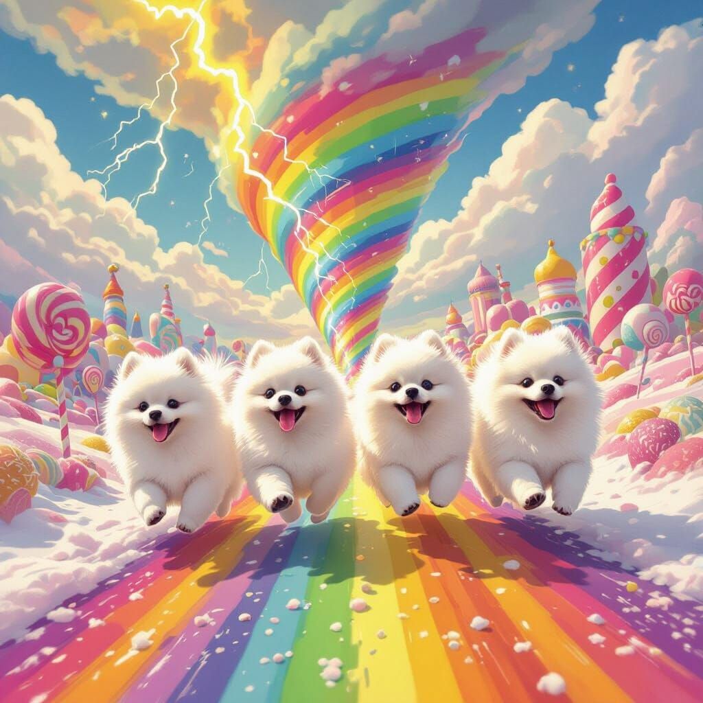 Pomeranians Run Through Rainbow Tornado Road in Candyland