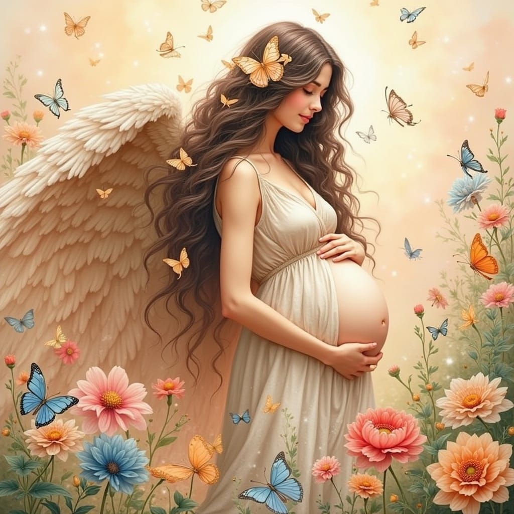 Ethereal Angel Gestating Amidst Butterflies and Flowers in W...