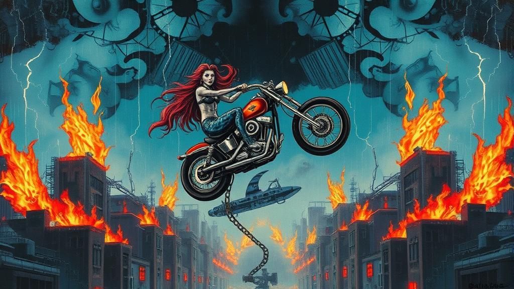 Punk Mermaid Soaring Through Metropolis in Gouache Style