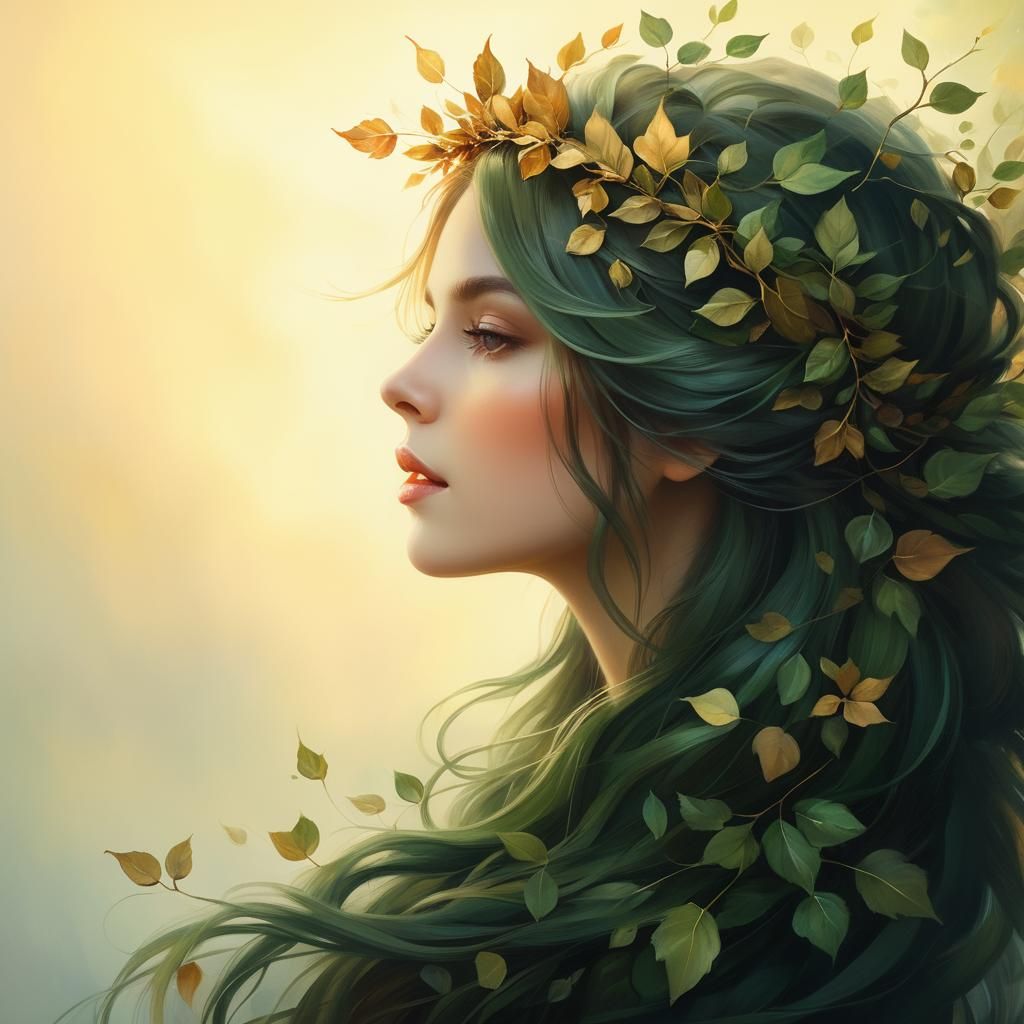 A woman with leaves on her head