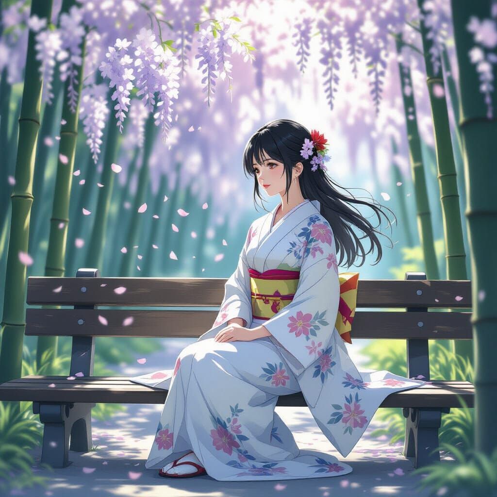 Japanese Woman with Wisteria, Poetic Realism Style