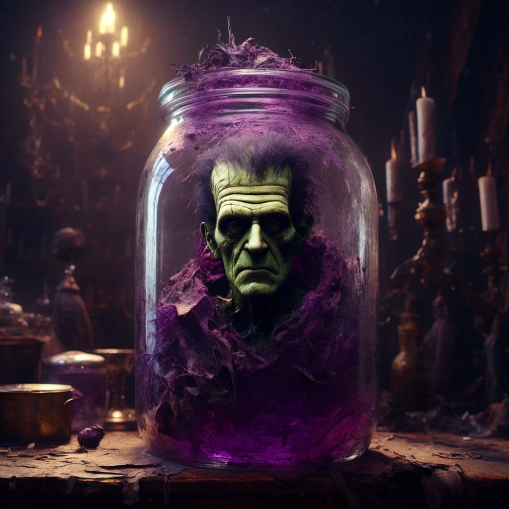 Frankenstein's Decaying Head in a Jar
