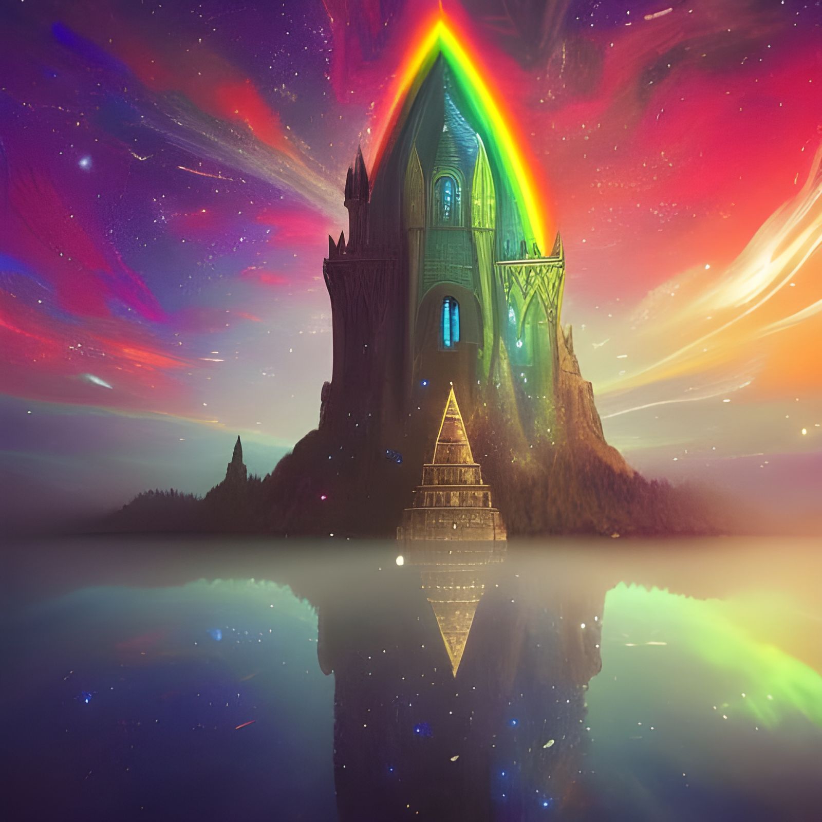 Rainbow Fantasy Tower Under Cosmic Sky