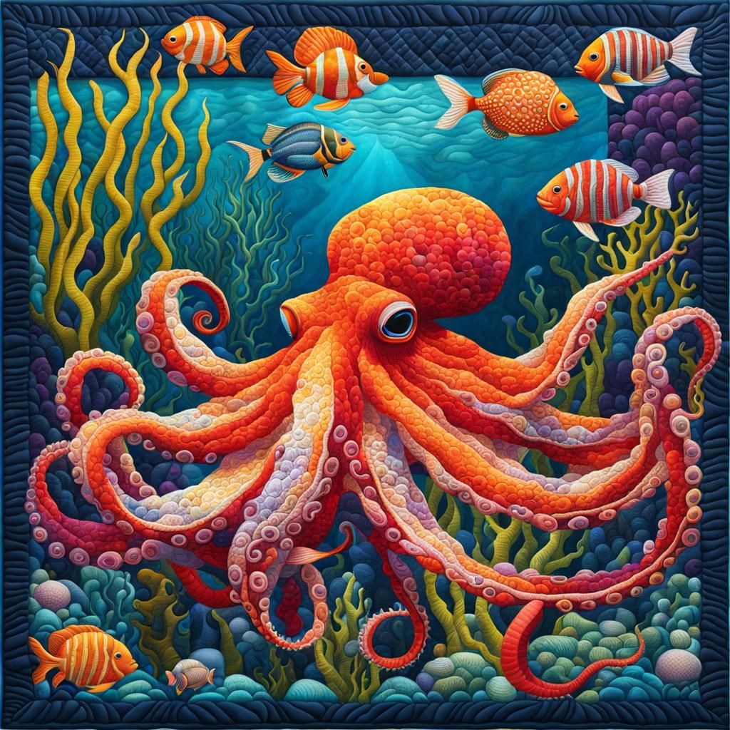 Vibrant Underwater Octopus Quilt in 3D Digital Art