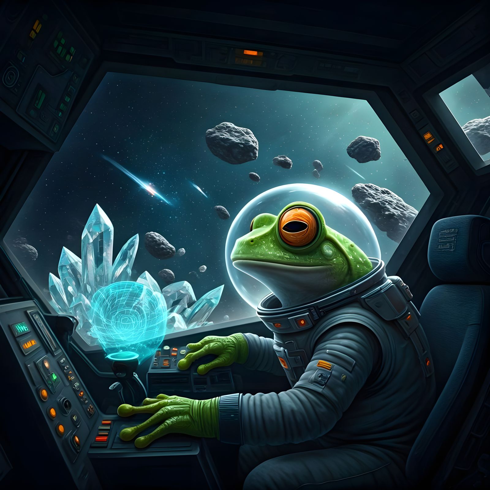 Frog Astronaut Navigating Crystalline Asteroids