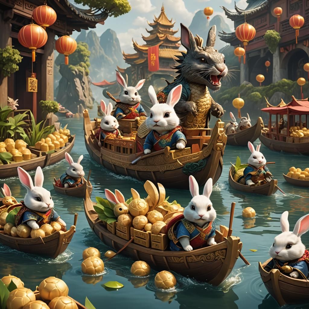 Rabbit on Dragon Boat with Golden Dumplings