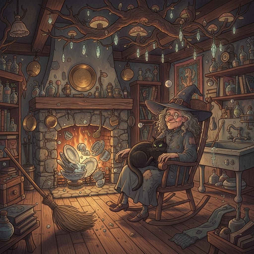Whimsical Witch's Home with Enchanted Cleaning