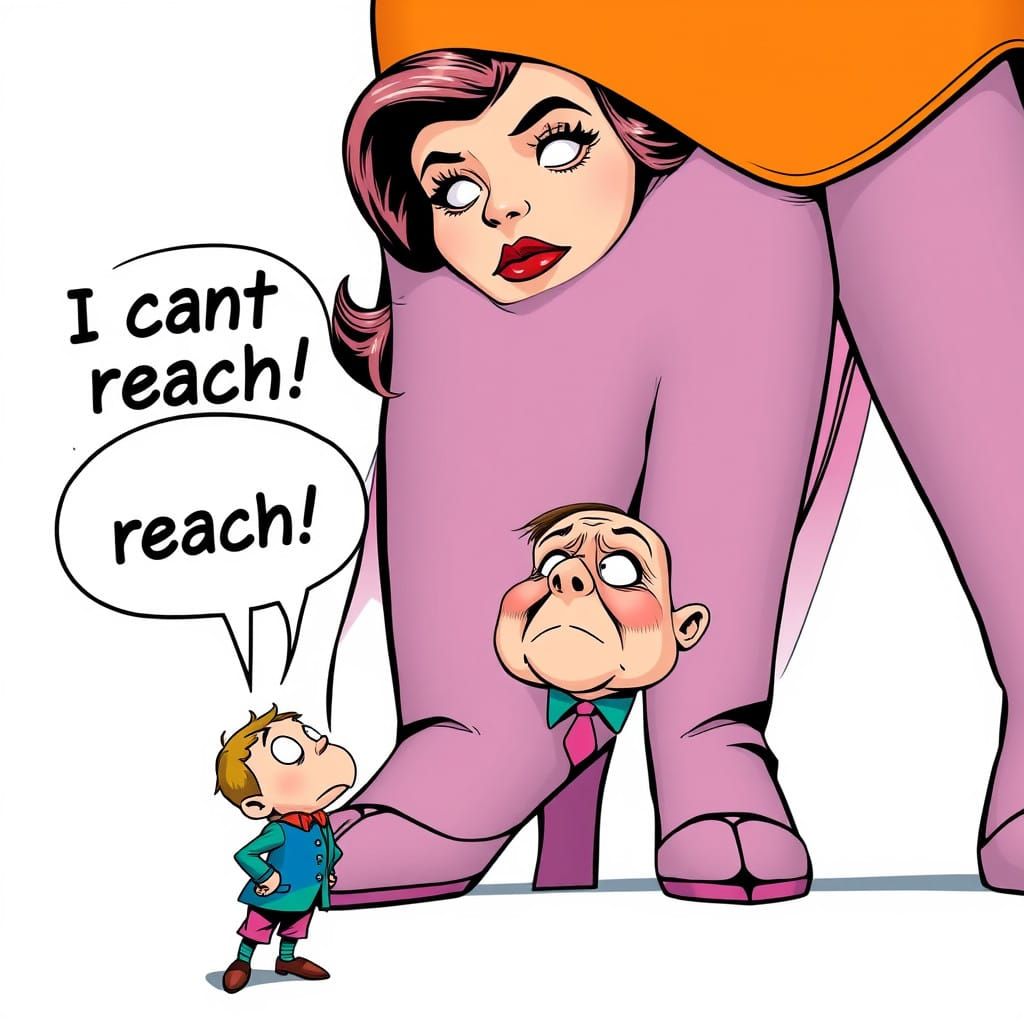 A midget looking up at a gargantuan woman he says in a speech bubble "I cant reach"