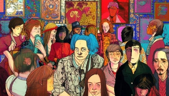 Eclectic Crowd Amidst Art, in Digital Style