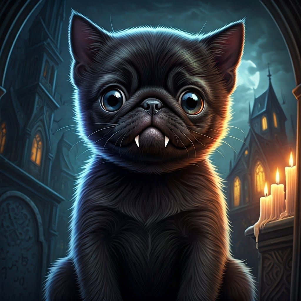 Gothic Vampire Pug Puppy in Detailed Matte Painting