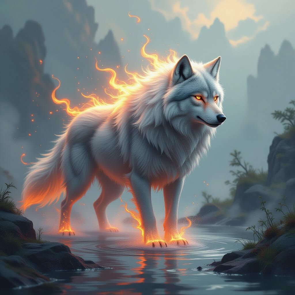 Elemental Fire and Water Wolf in Fantasy Style