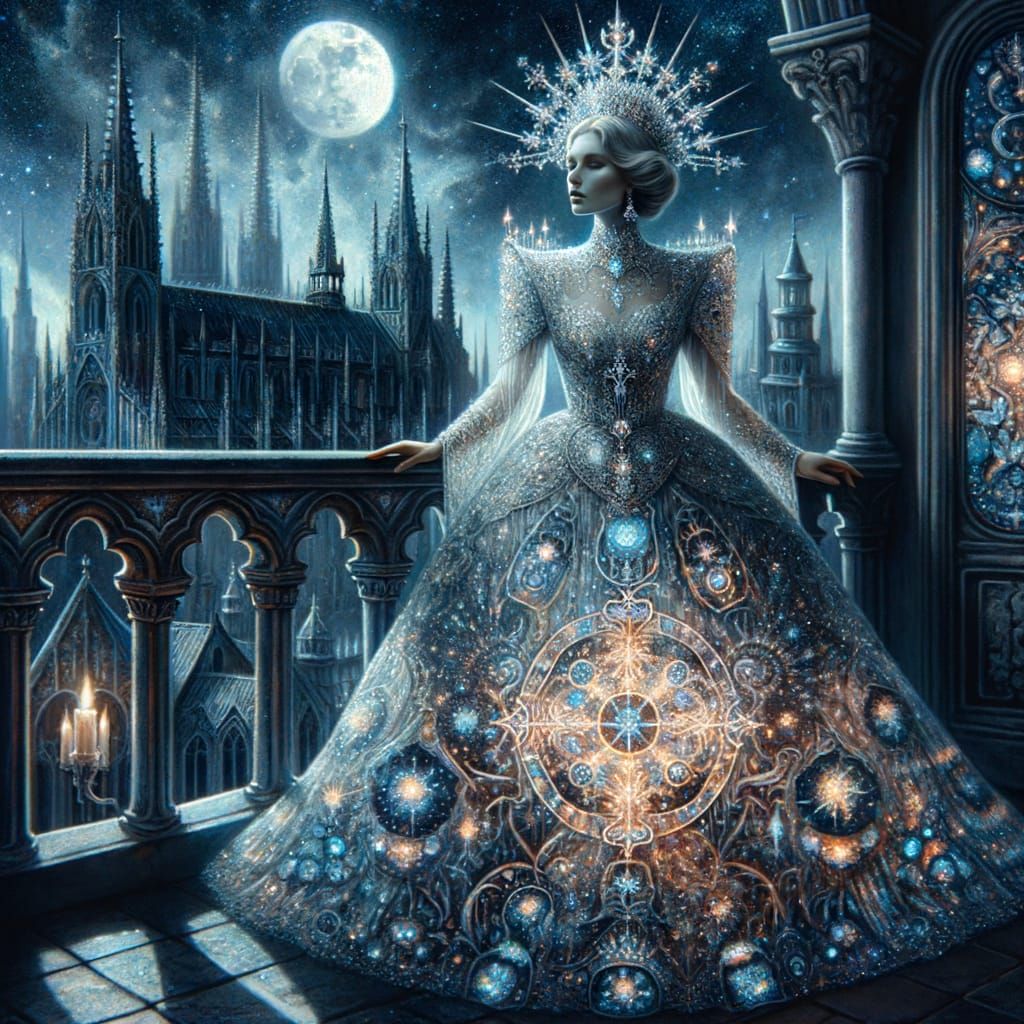 Regal Queen on Balcony Overlooking Gothic City