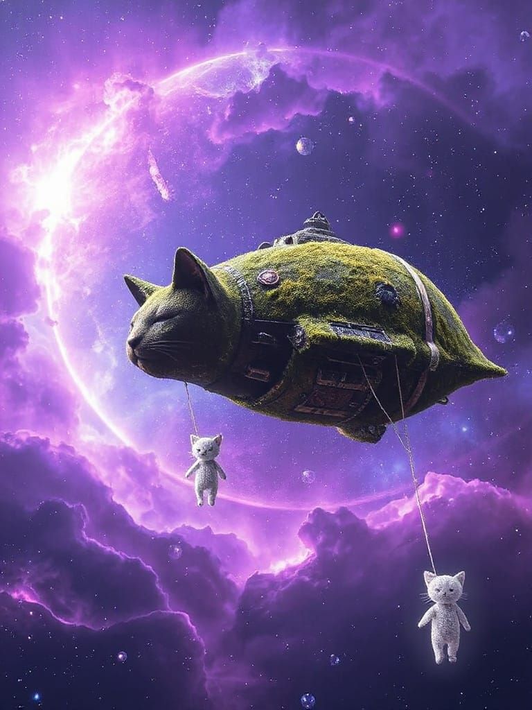 Dreamlike Spaceship Cat Drifts in Purple Nebula