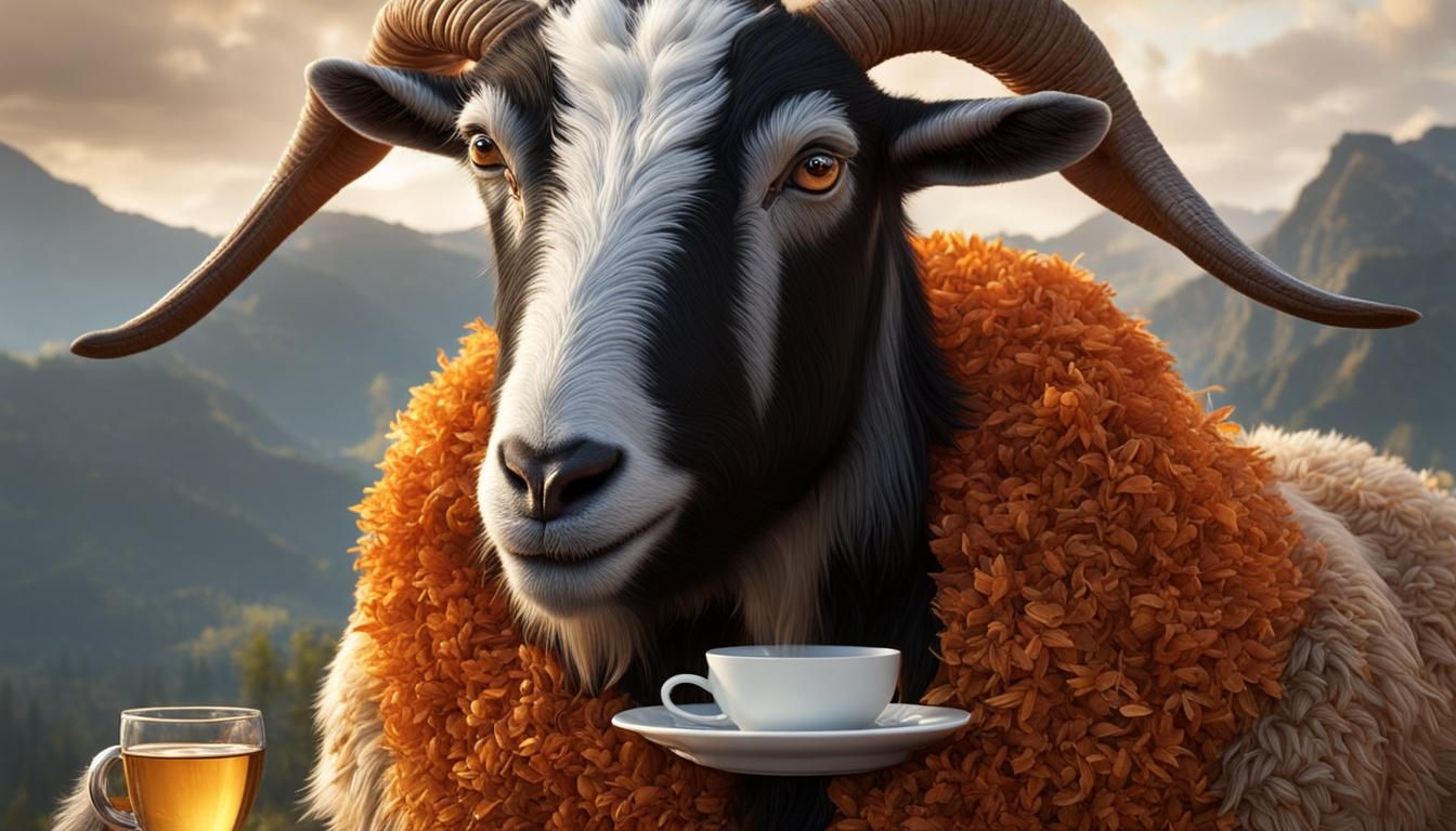 Anthropomorphic Goat Having Tea, Detailed Digital Painting