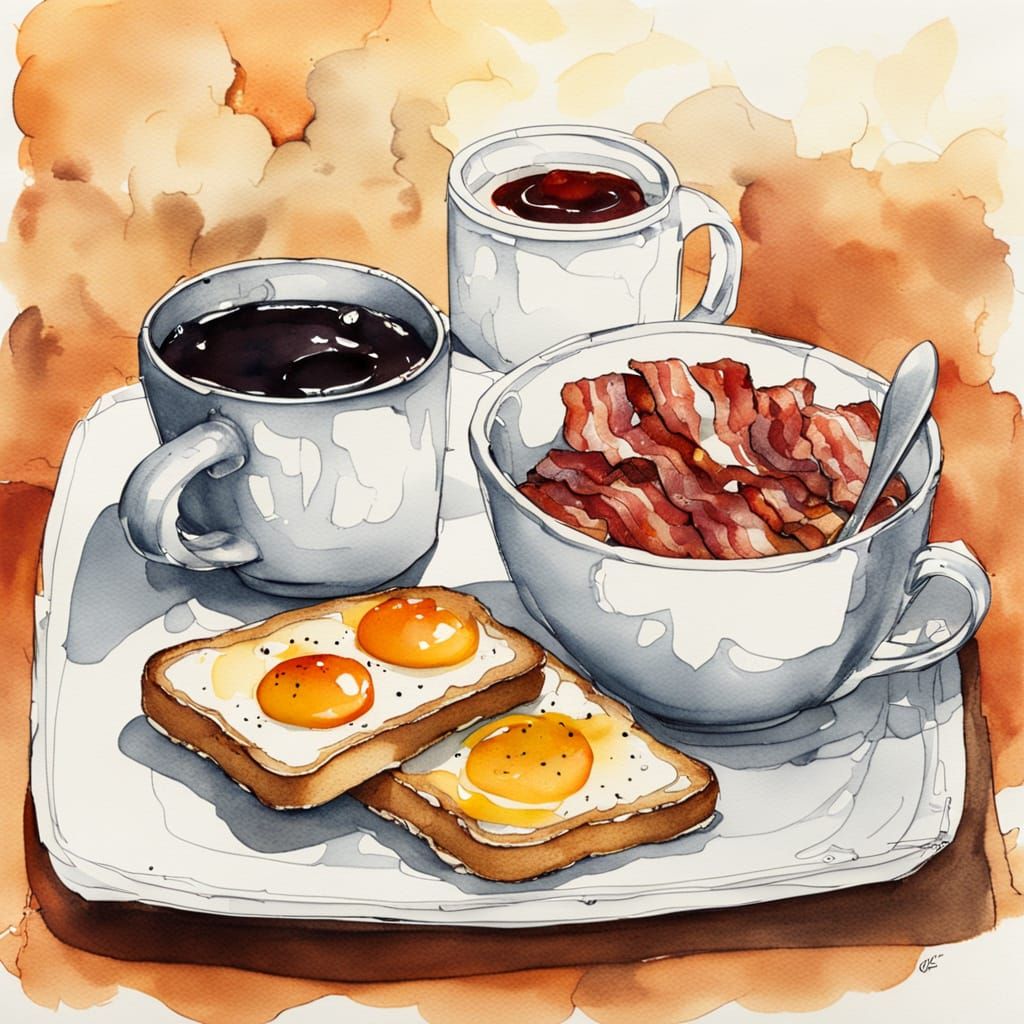 Whimsical Breakfast Scene in Ink and Watercolor